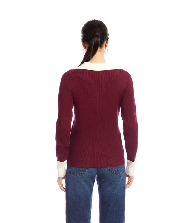 Karen Kane Wine With Cream Contrast Ribbed Polo Sweater Karen Kane