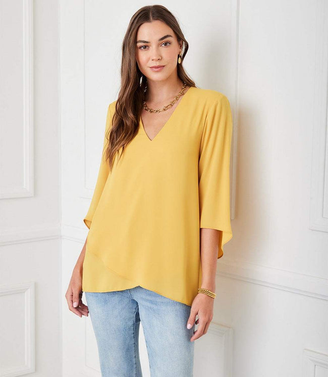 karen kane Yellow Bracelet Sleeve Asymmetric Top Karen Kane