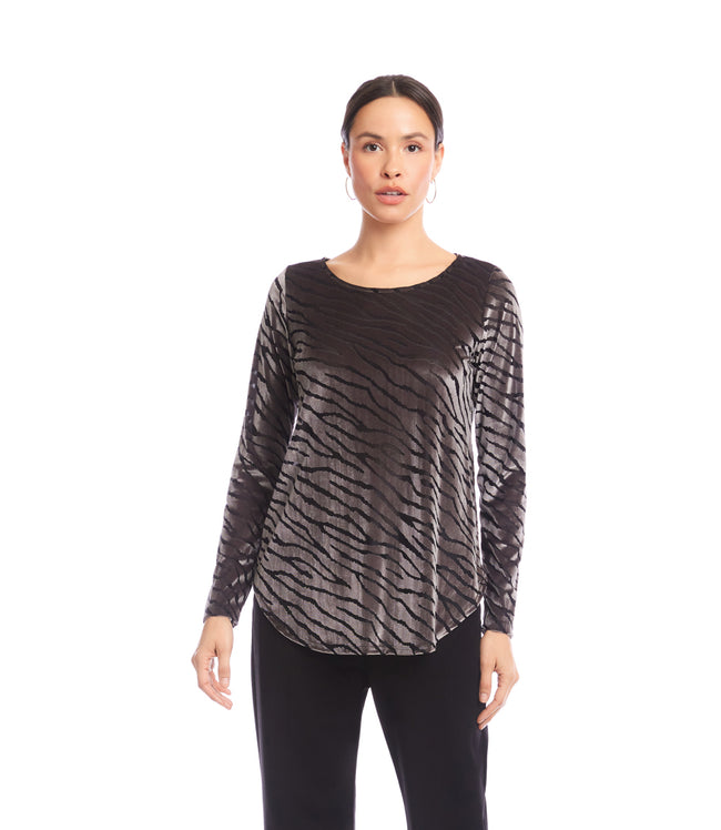 Karen Kane Zebra Long Sleeve Velvet Burnout Shirttail Top Karen Kane
