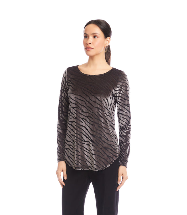 Karen Kane Zebra Long Sleeve Velvet Burnout Shirttail Top Karen Kane