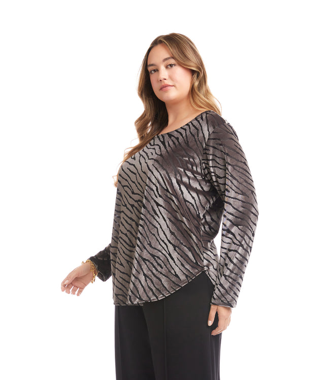 Karen Kane Zebra Plus Size Long Sleeve Velvet Burnout Shirttail Top Karen Kane
