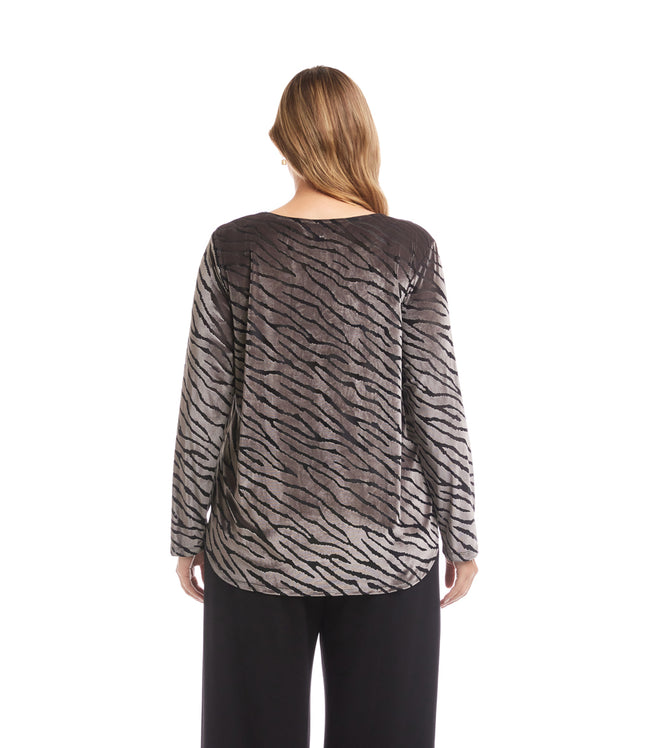 Karen Kane Zebra Plus Size Long Sleeve Velvet Burnout Shirttail Top Karen Kane