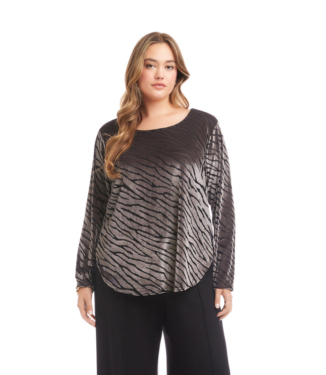 karen kane Zebra Plus Size Long Sleeve Velvet Burnout Shirttail Top Karen Kane