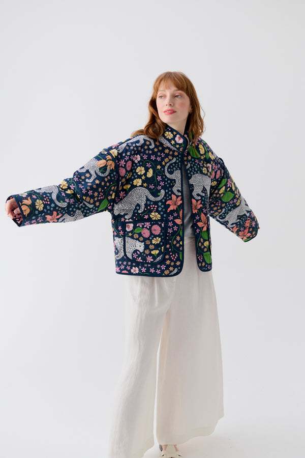 Karen Mabon Alpine Leopards Blue Cotton Quilted Jacket