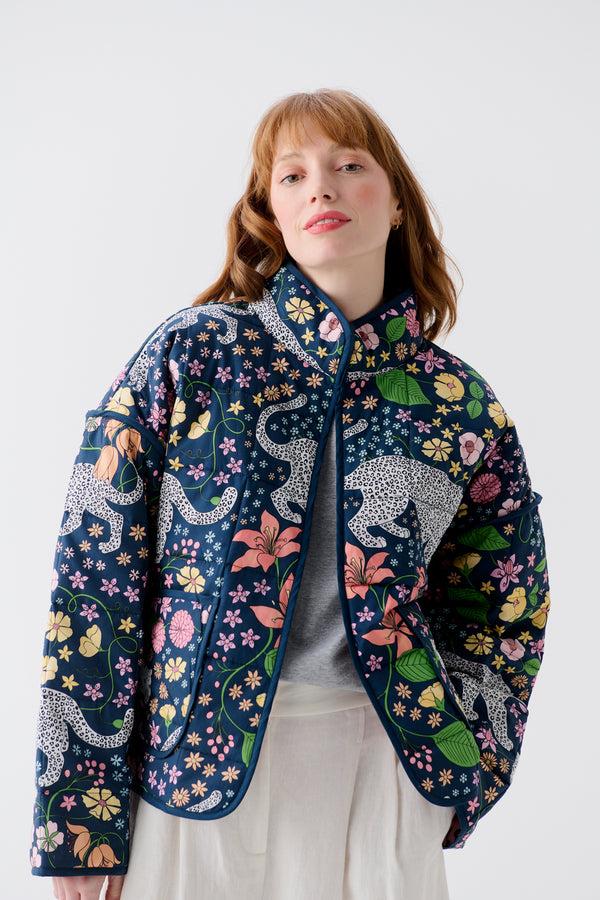Karen Mabon Alpine Leopards Blue Cotton Quilted Jacket