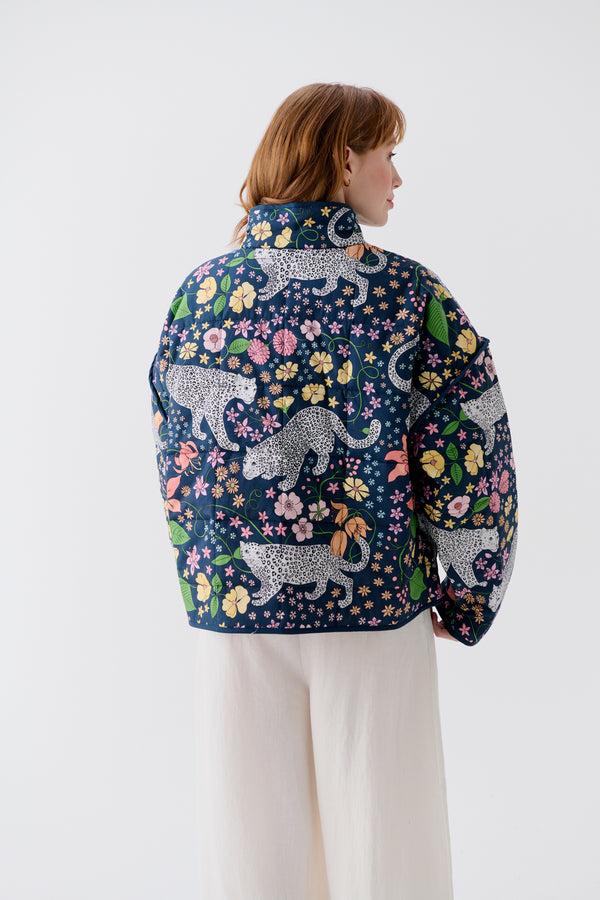 Karen Mabon Alpine Leopards Blue Cotton Quilted Jacket