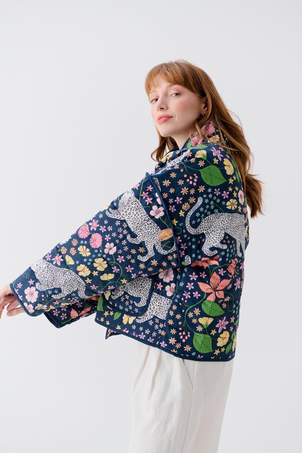 karen mabon Alpine Leopards Blue Cotton Quilted Jacket