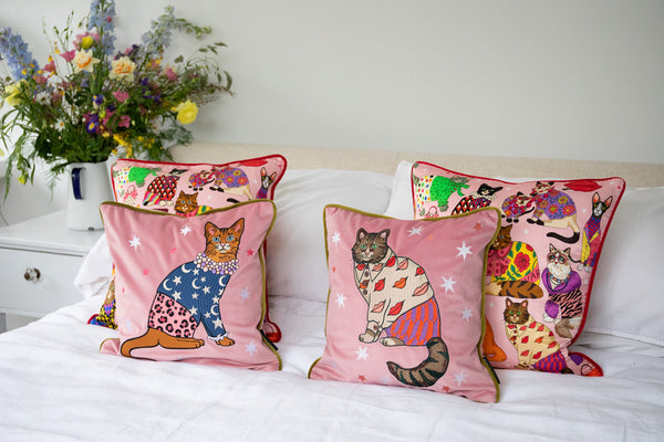 Karen Mabon Fashion Cat Embroidered Velvet Cushion Cover Lips