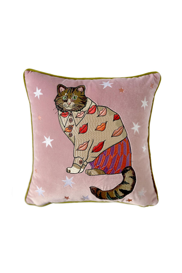 karen mabon Fashion Cat Embroidered Velvet Cushion Cover Lips