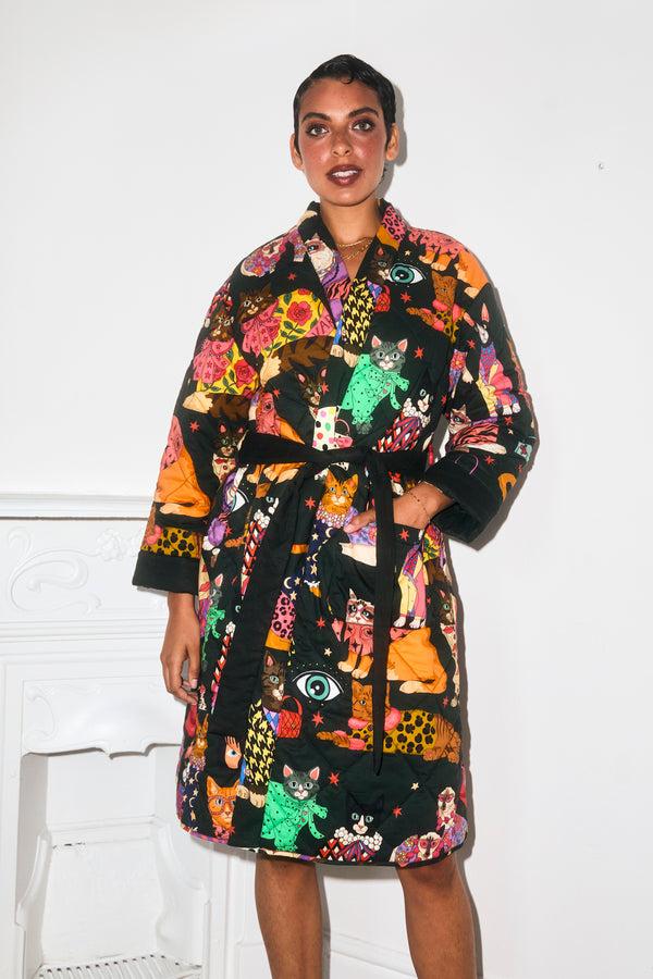 Karen Mabon Fashion Cats Cotton Quilted Robe Dark Green PRE-ORDER