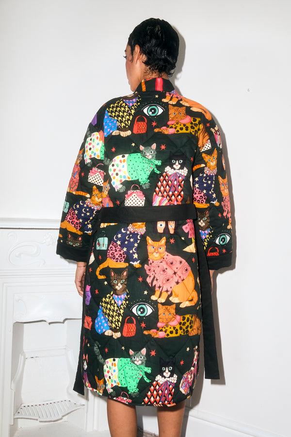 Karen Mabon Fashion Cats Cotton Quilted Robe Dark Green PRE-ORDER