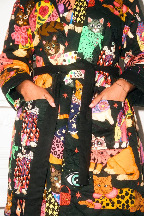 Karen Mabon Fashion Cats Cotton Quilted Robe Dark Green PRE-ORDER