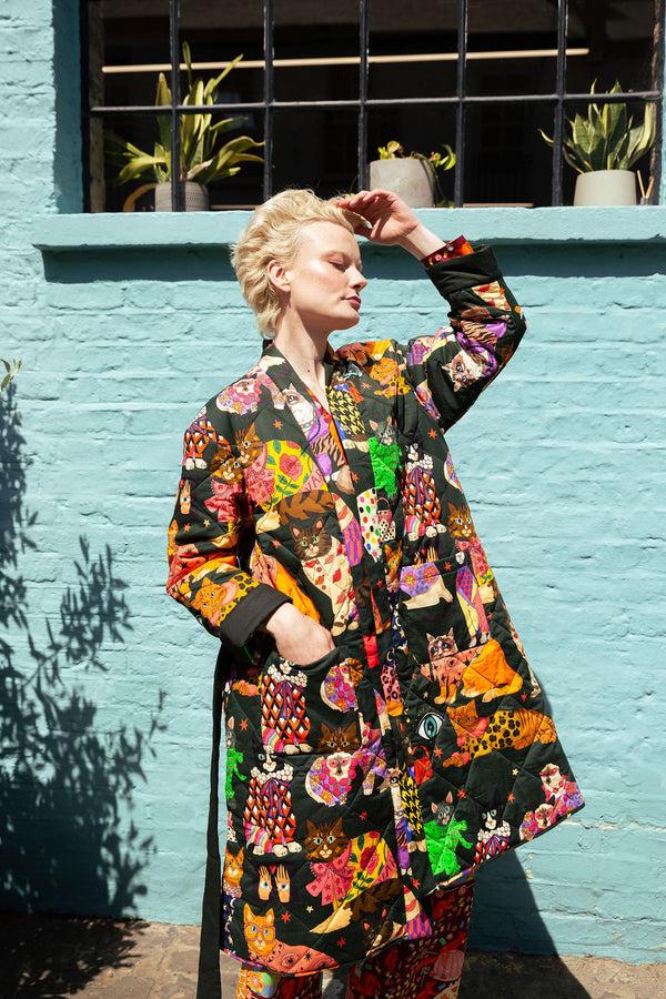 karen mabon Fashion Cats Cotton Quilted Robe Dark Green PRE-ORDER