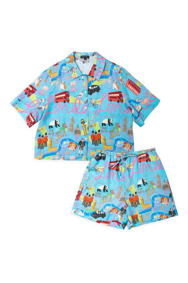 karen mabon London Blue Short Linen Pyjama Set