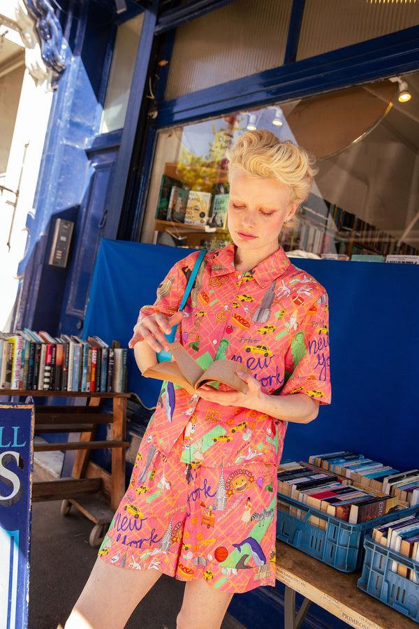 Karen Mabon New York Coral Short Linen Pyjama Set