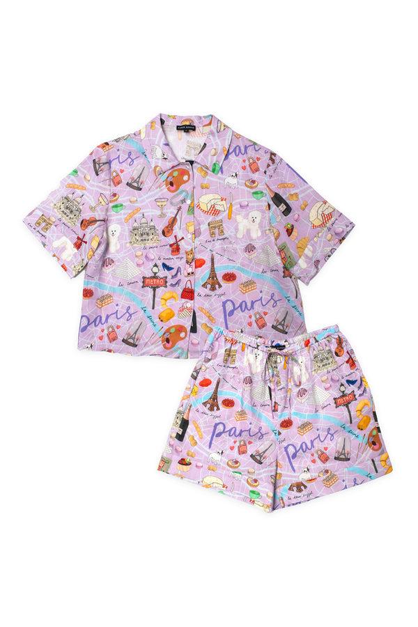 karen mabon Paris Lilac Short Linen Pyjama Set