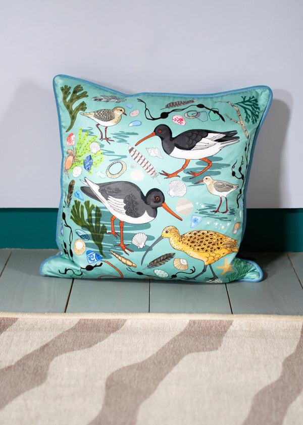 Karen Mabon Sea Birds Silk Cushion Cover Blue