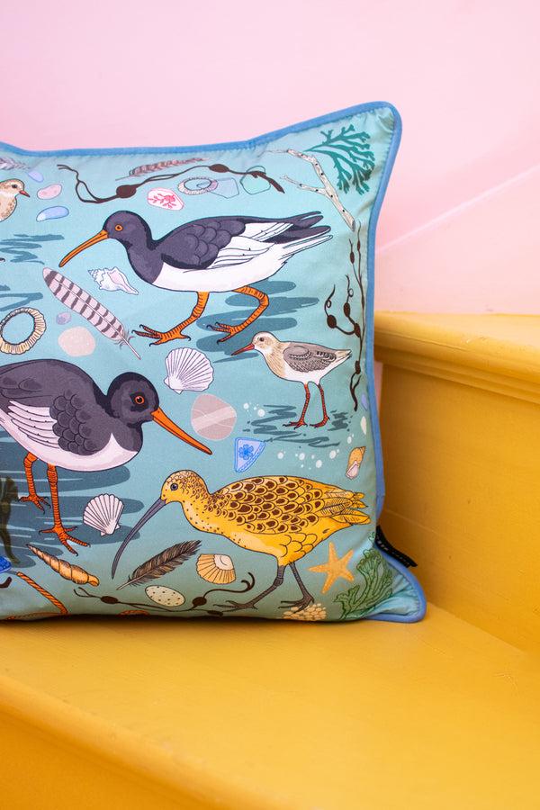 Karen Mabon Sea Birds Silk Cushion Cover Blue
