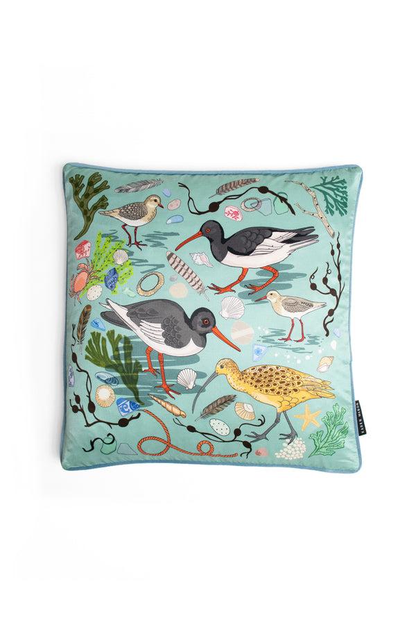 karen mabon Sea Birds Silk Cushion Cover Blue