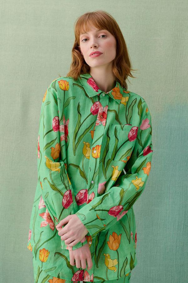 Karen Mabon Tulips Green Linen Pyjama Set