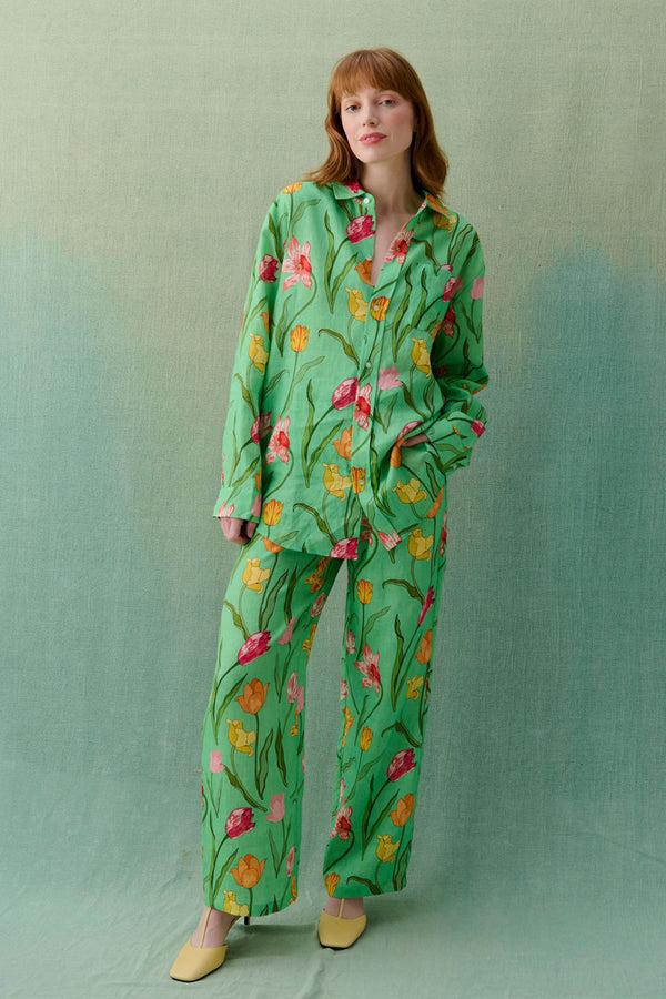 Karen Mabon Tulips Green Linen Pyjama Set