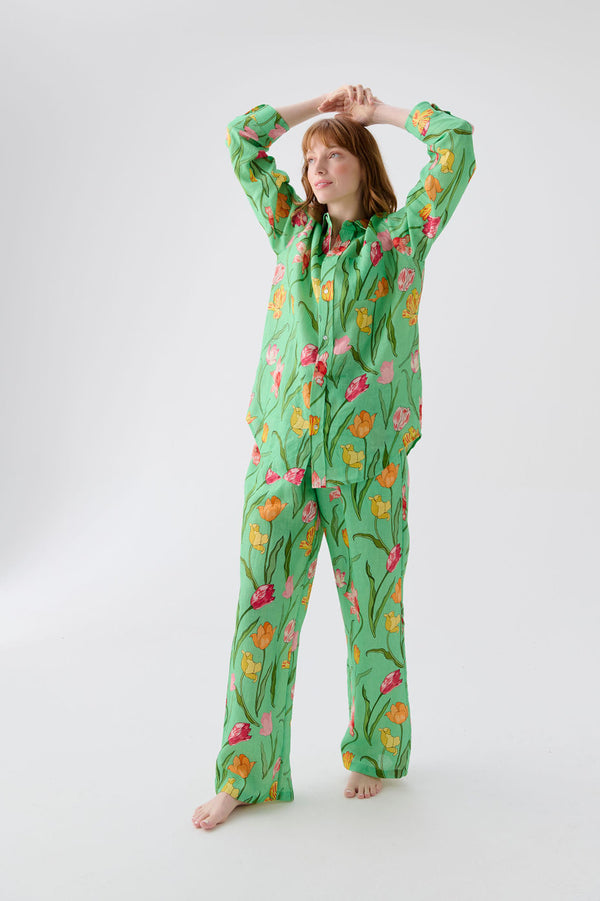 karen mabon Tulips Green Linen Pyjama Set