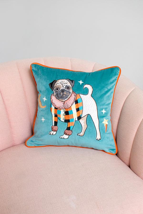 Karen Mabon Pug Dog Embroidered Velvet Cushion Cover