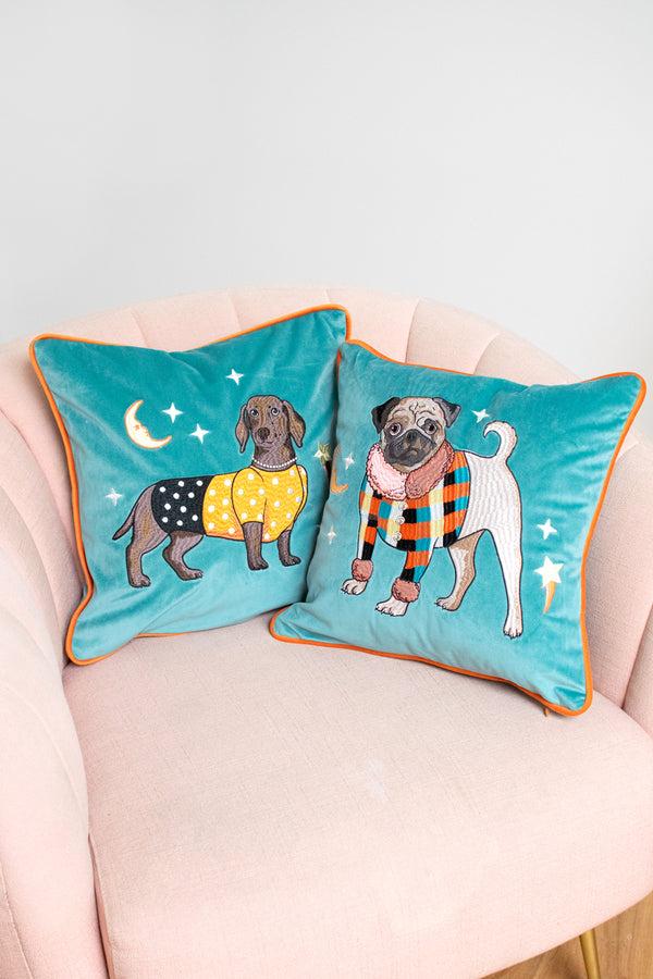 Karen Mabon Pug Dog Embroidered Velvet Cushion Cover