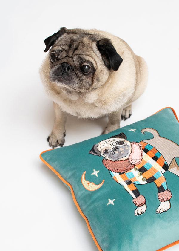 Karen Mabon Pug Dog Embroidered Velvet Cushion Cover