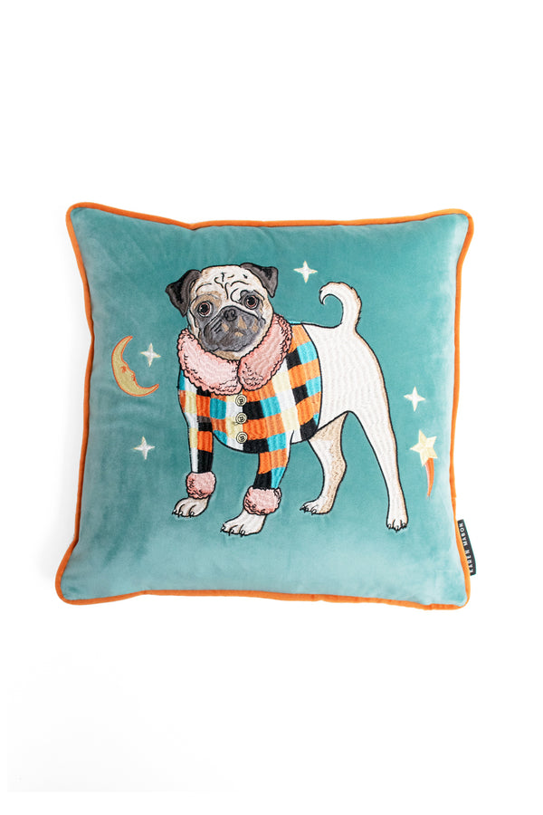karen mabon Pug Dog Embroidered Velvet Cushion Cover