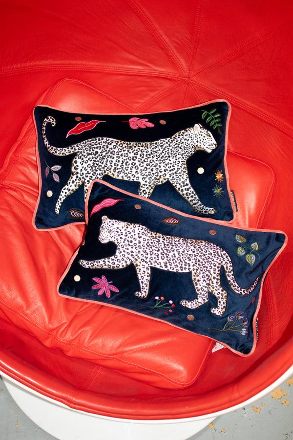 Karen Mabon Snow Leopard Velvet Bolster Cushion Cover Left Facing Leopard
