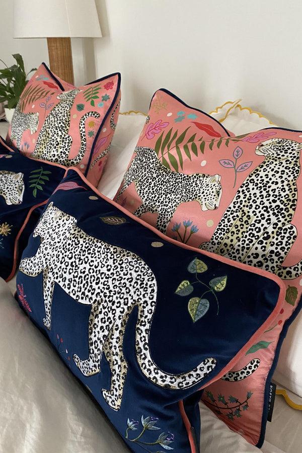 Karen Mabon Snow Leopard Velvet Bolster Cushion Cover Left Facing Leopard