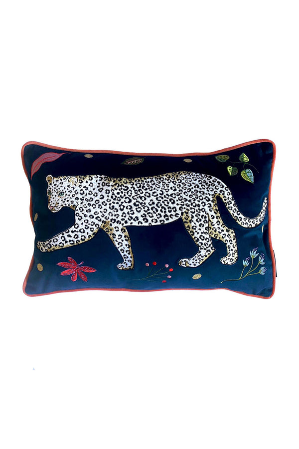 karen mabon Snow Leopard Velvet Bolster Cushion Cover Left Facing Leopard