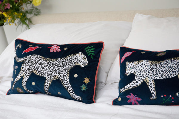 Karen Mabon Snow Leopard Velvet Bolster Cushion Cover Right Facing Leopard