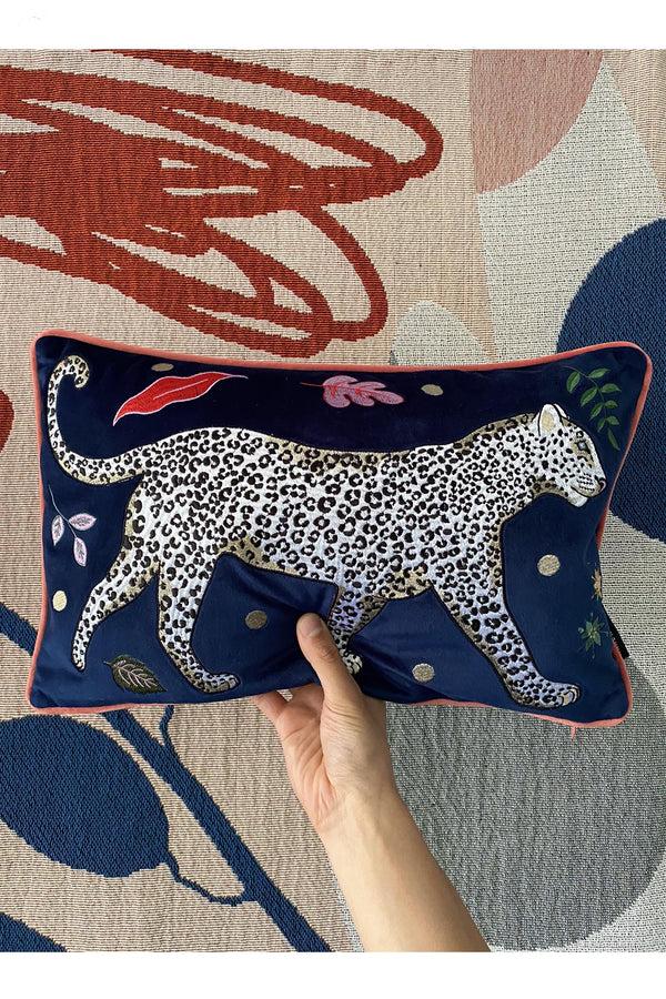 Karen Mabon Snow Leopard Velvet Bolster Cushion Cover Right Facing Leopard