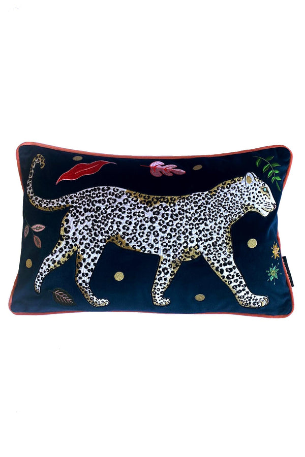 karen mabon Snow Leopard Velvet Bolster Cushion Cover Right Facing Leopard