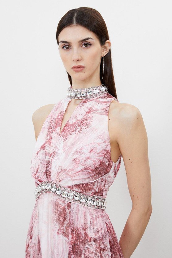 Karen Millen Abstract Floral Crystal Embellished Woven Split Maxi Dress Yellow