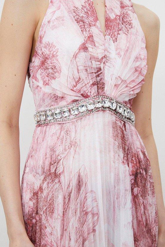 Karen Millen Abstract Floral Crystal Embellished Woven Split Maxi Dress Yellow