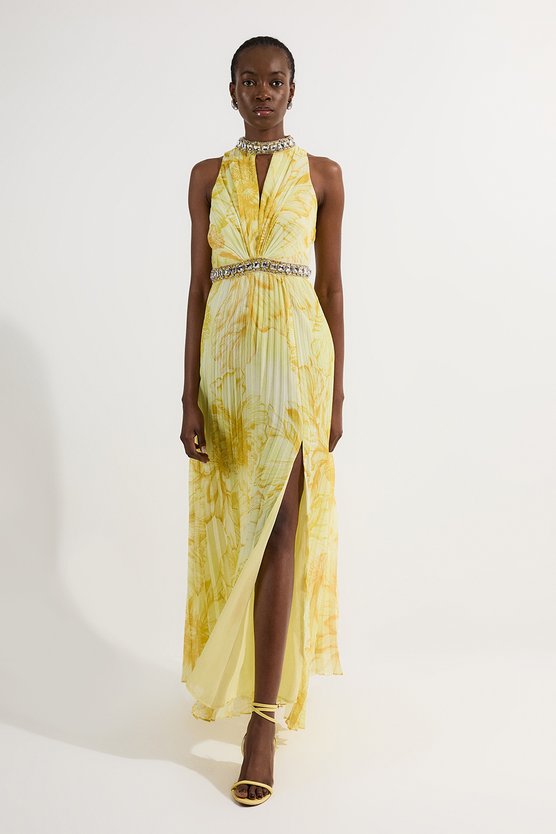 karen millen Abstract Floral Crystal Embellished Woven Split Maxi Dress yellow