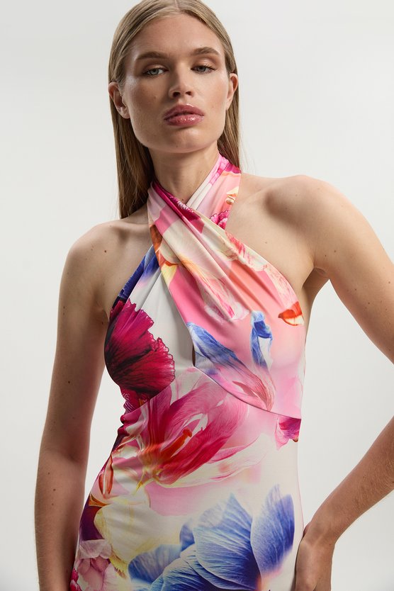Karen Millen Abstract Floral Printed Jersey Crepe Twist Neckline Maxi Dress Floral