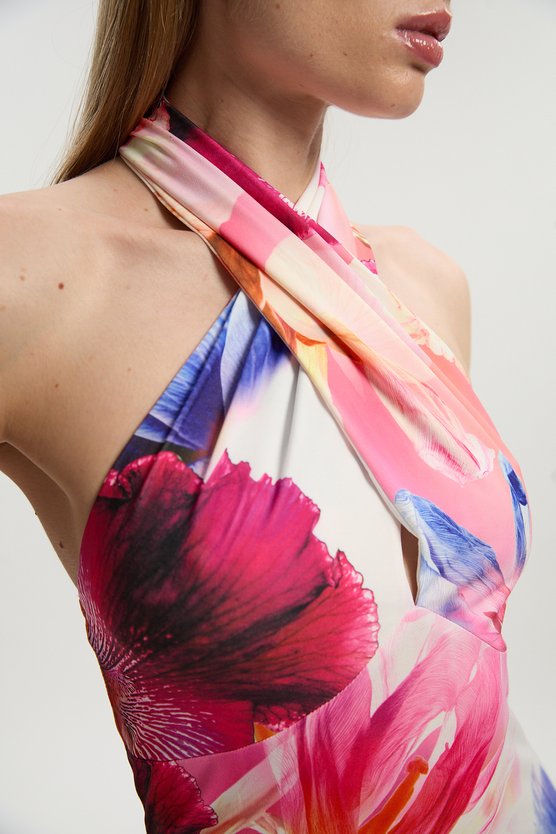 Karen Millen Abstract Floral Printed Jersey Crepe Twist Neckline Maxi Dress Floral