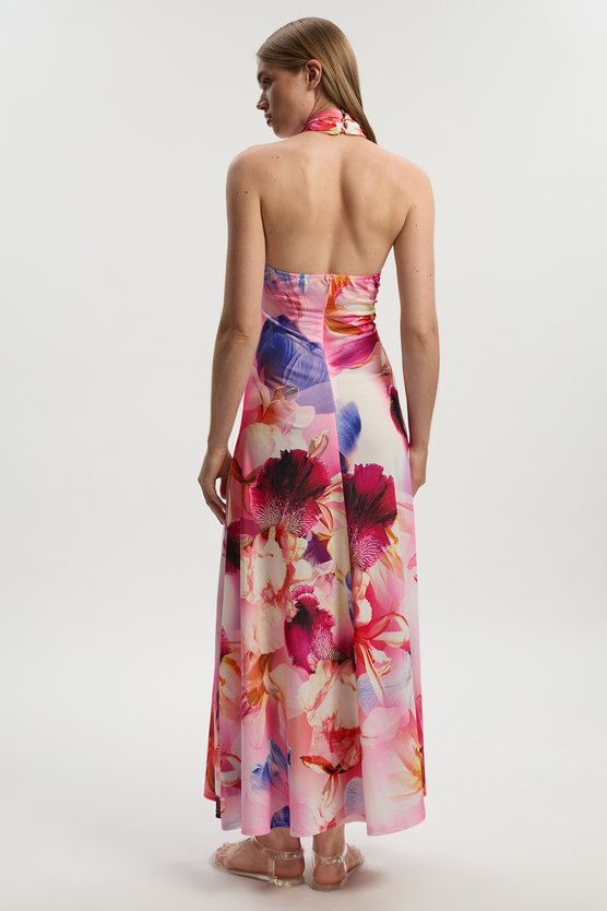 Karen Millen Abstract Floral Printed Jersey Crepe Twist Neckline Maxi Dress Floral