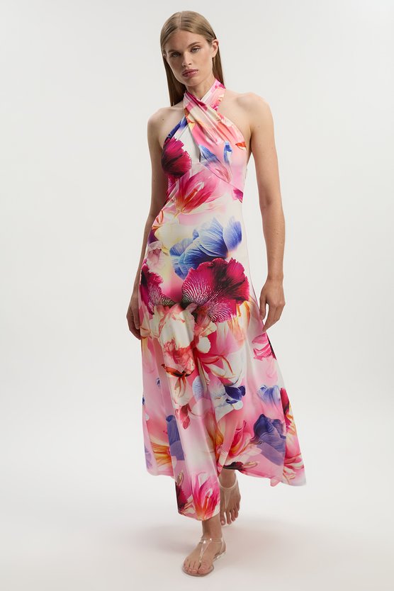 karen millen Abstract Floral Printed Jersey Crepe Twist Neckline Maxi Dress floral