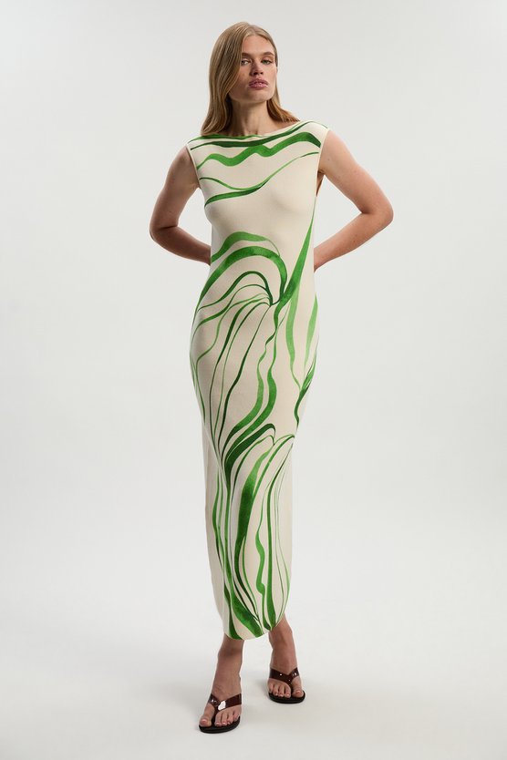 karen millen Abstract Print Knitted Maxi Dress green