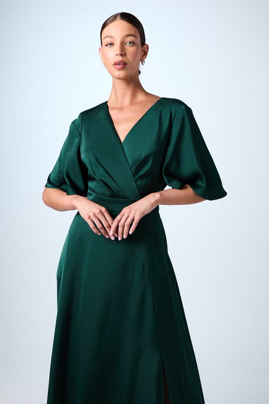 Karen Millen Angel Sleeve Wrap Satin Maxi Bridesmaid Dress Emerald