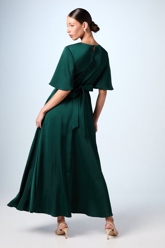 Karen Millen Angel Sleeve Wrap Satin Maxi Bridesmaid Dress Emerald