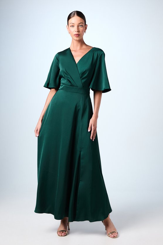 karen millen Angel Sleeve Wrap Satin Maxi Bridesmaid Dress emerald