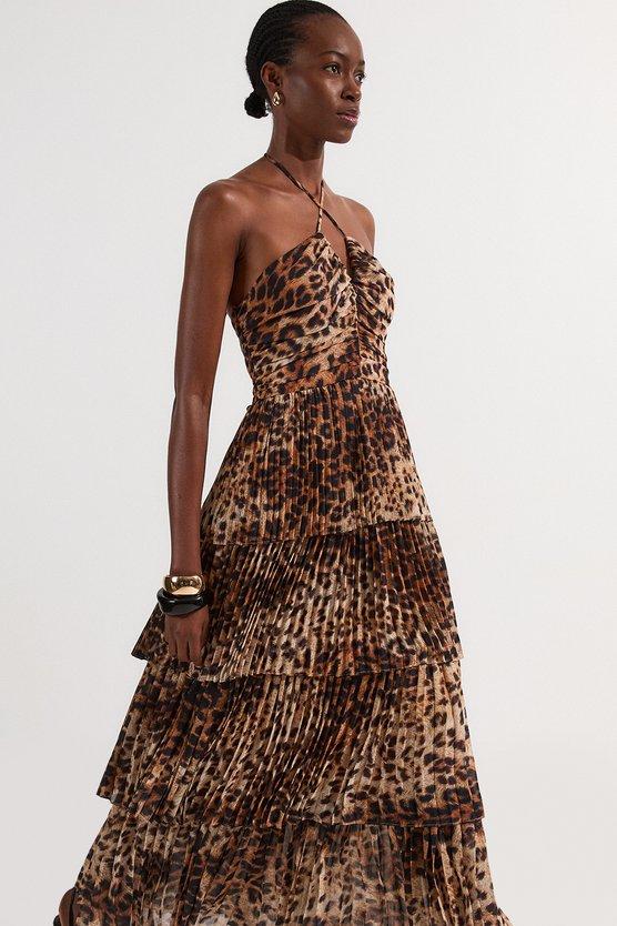 karen millen Animal Georgette Crinkle Tiered Halterneck Midi Dress animal