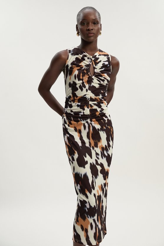karen millen Animal Print Crepe Cut Out Neck Midi Dress animal