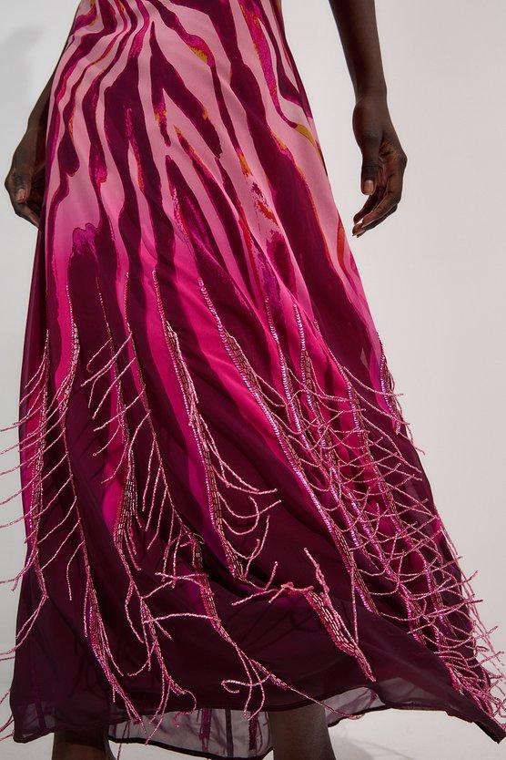 Karen Millen Animal Print Georgette Embellished Short Sleeve Woven Maxi Dress Pink